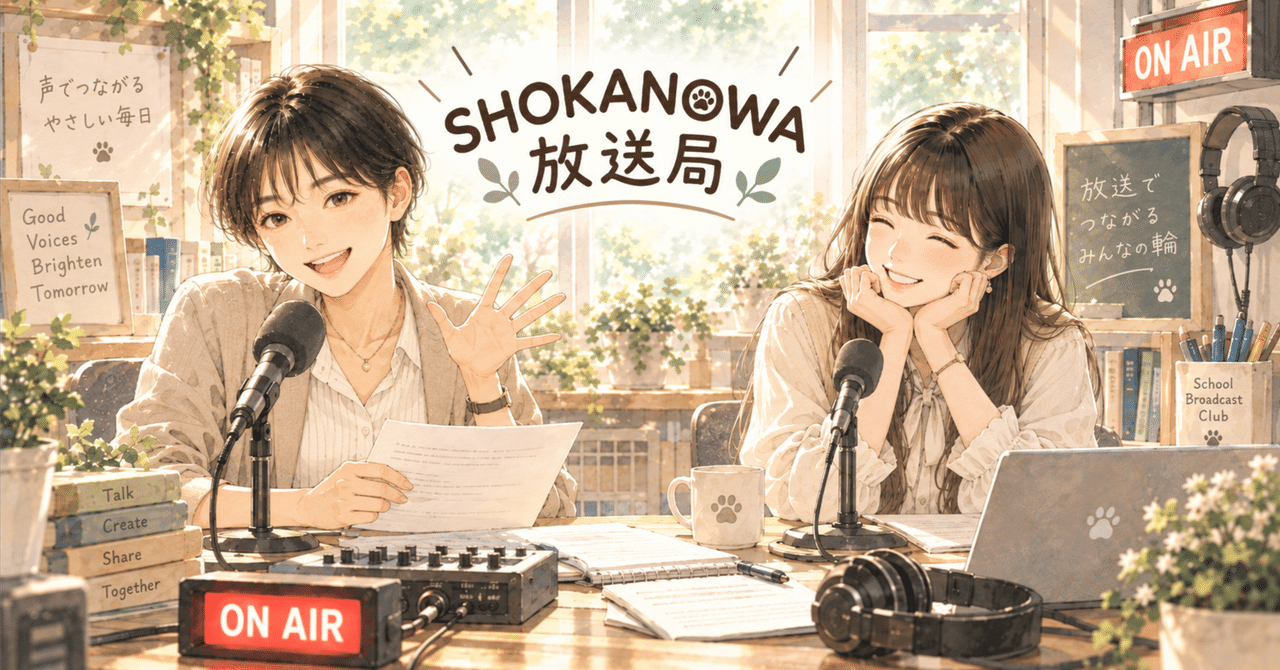 SHOKANOWA放送局のマイクを前にした二人。記事の見出し画像。