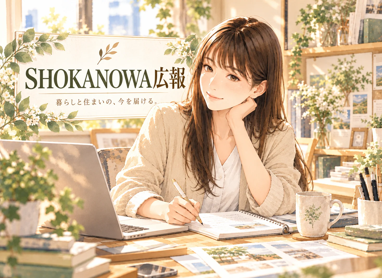 陽だまりのデスクでノートにペンを走らせる笑顔の紬。隣に「SHOKANOWA広報」の案内。