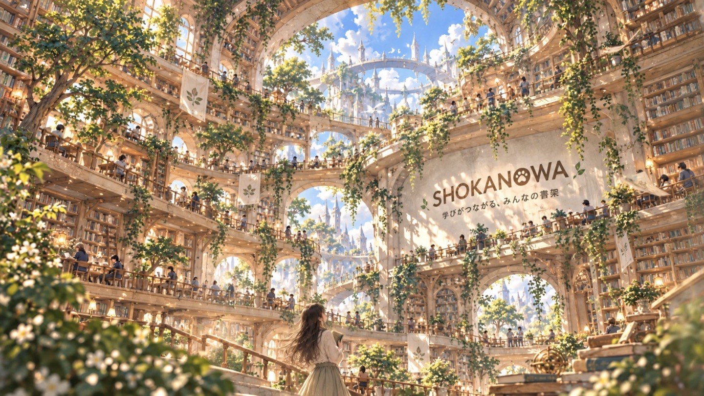 木の書架と緑が重なり、光が差し込むSHOKANOWAの大きな図書館
